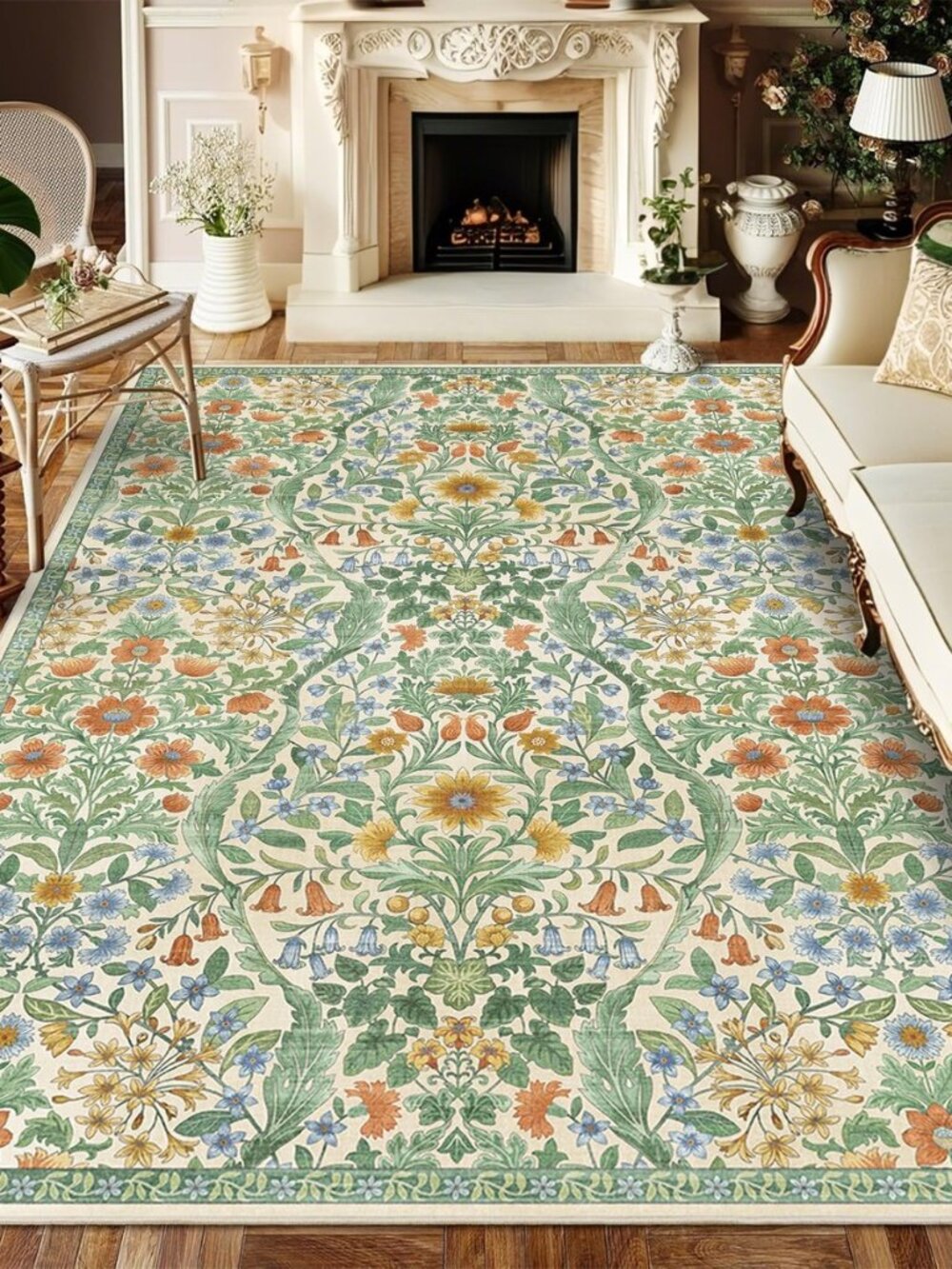 Floral Area Rug 5x7 Washable Botanical Carpet for Living Room